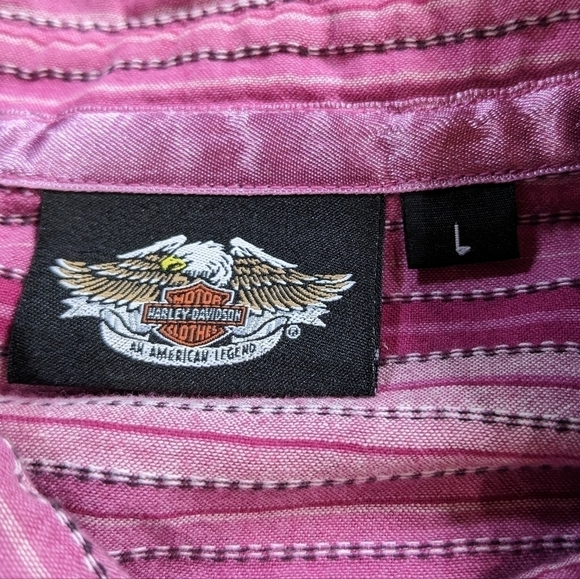 Harley Davidson pink purple striped collared button up shirt L - Picture 8 of 9